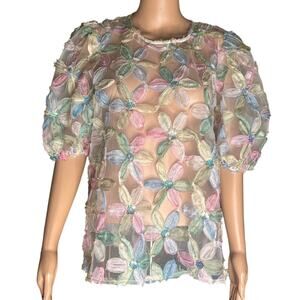 NWT Entro sequined floral bubble sleeve womens blouse seethrough size Medium